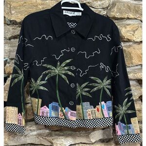Women’s Embroidered Anage Vintage Art To Wear Ocean Drive skyline Beachside City